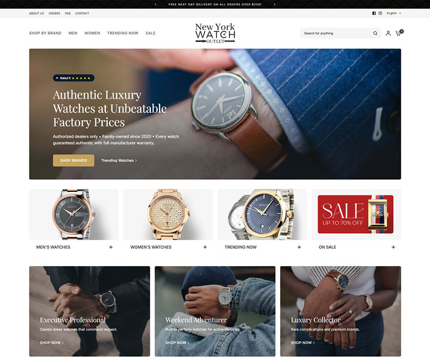 Premium luxury watch store with advanced filtering and variants
